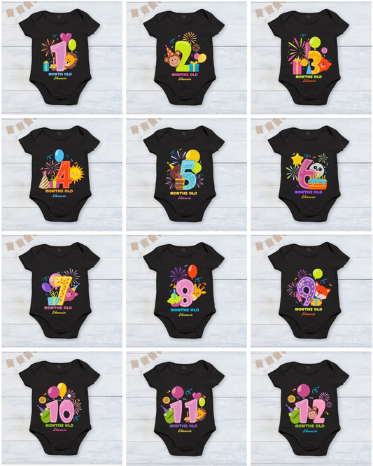 Infant monthly birthday with customized Baby name 12 Months of Love and Happiness Black onesies