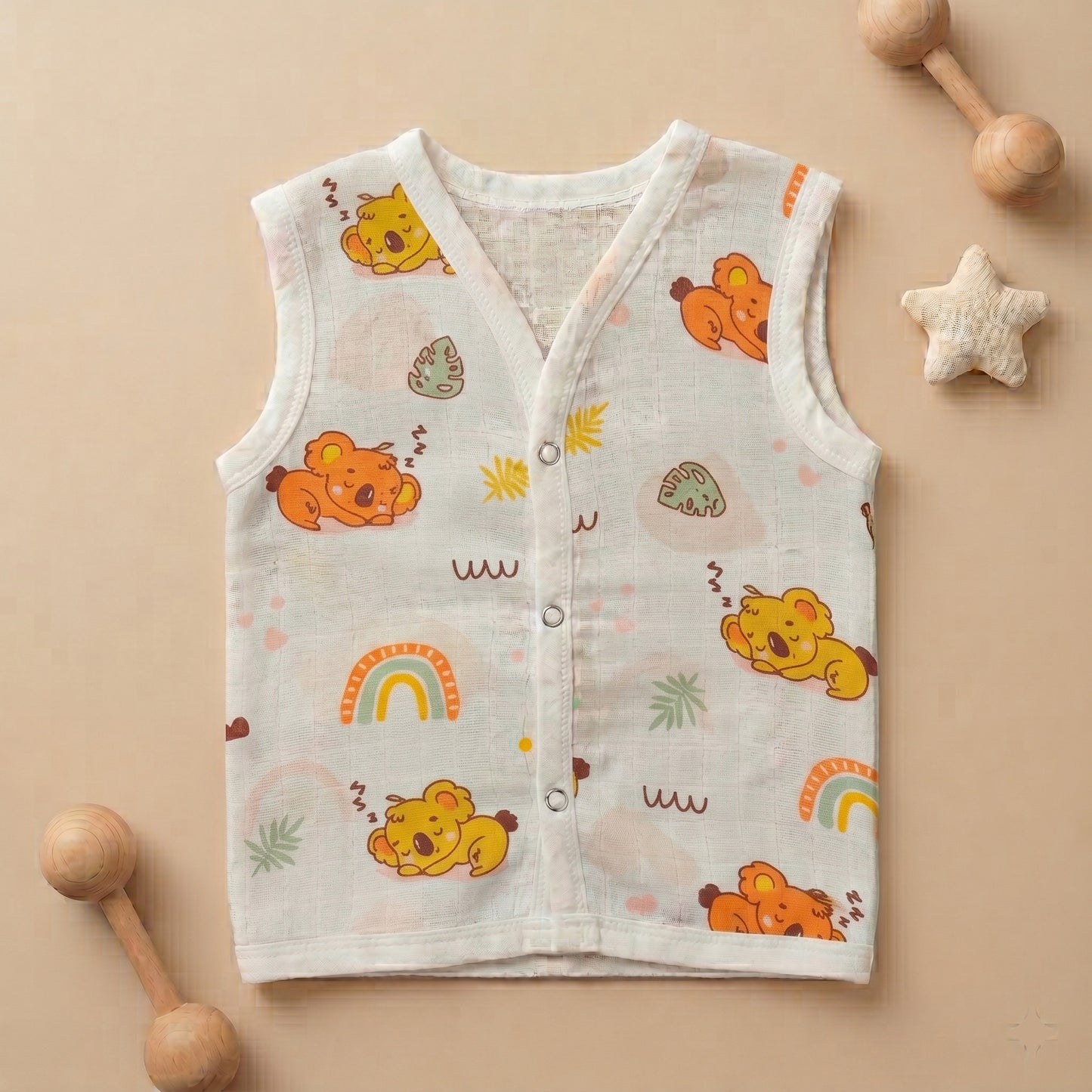 New Born & Baby Clothing | Sleeveless Muslin Baby Dress (0-3 Months) Koala Bear Cute Print | Soft Cotton