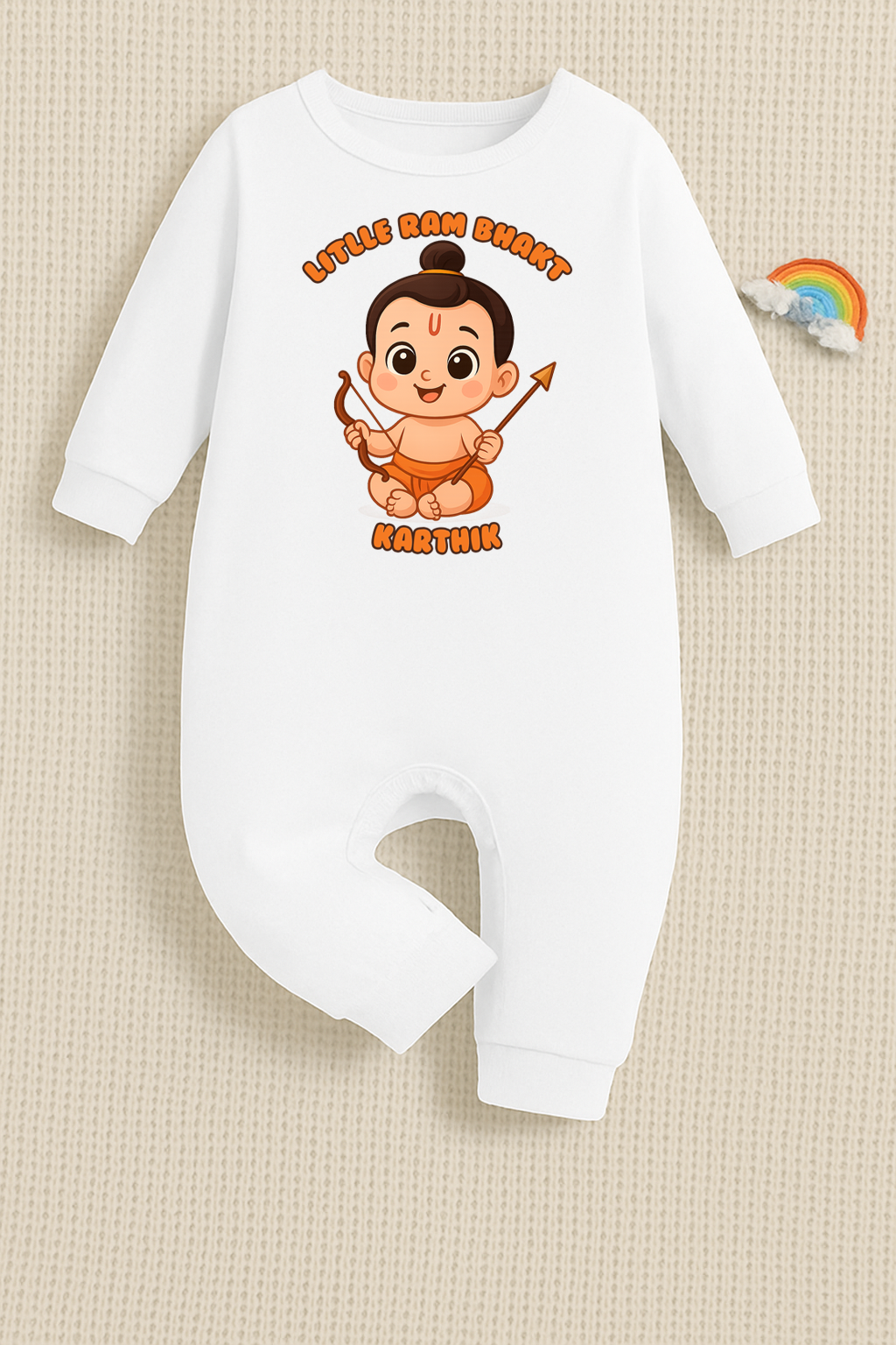 Little Ram Bhakt Baby As Ram with Customized Baby Name _ Full White Romper