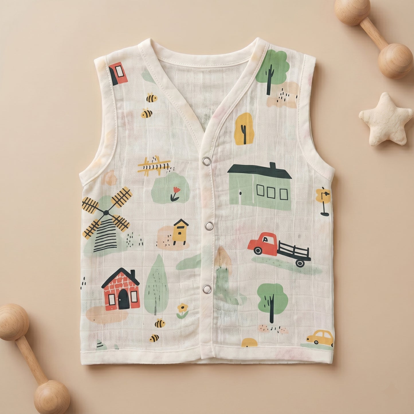 New Born & Baby Clothing | Sleeveless Muslin Baby Dress (0-3 Months) Lorry Windmill Cute Print | Soft Cotton