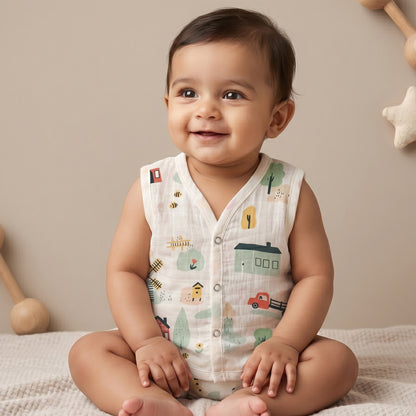 New Born & Baby Clothing | Sleeveless Muslin Baby Dress (0-3 Months) Cute Print Forth Combo | Soft Cotton