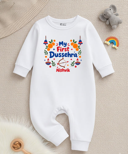 My First Dasara With Customized Baby Name _ Full White Romper