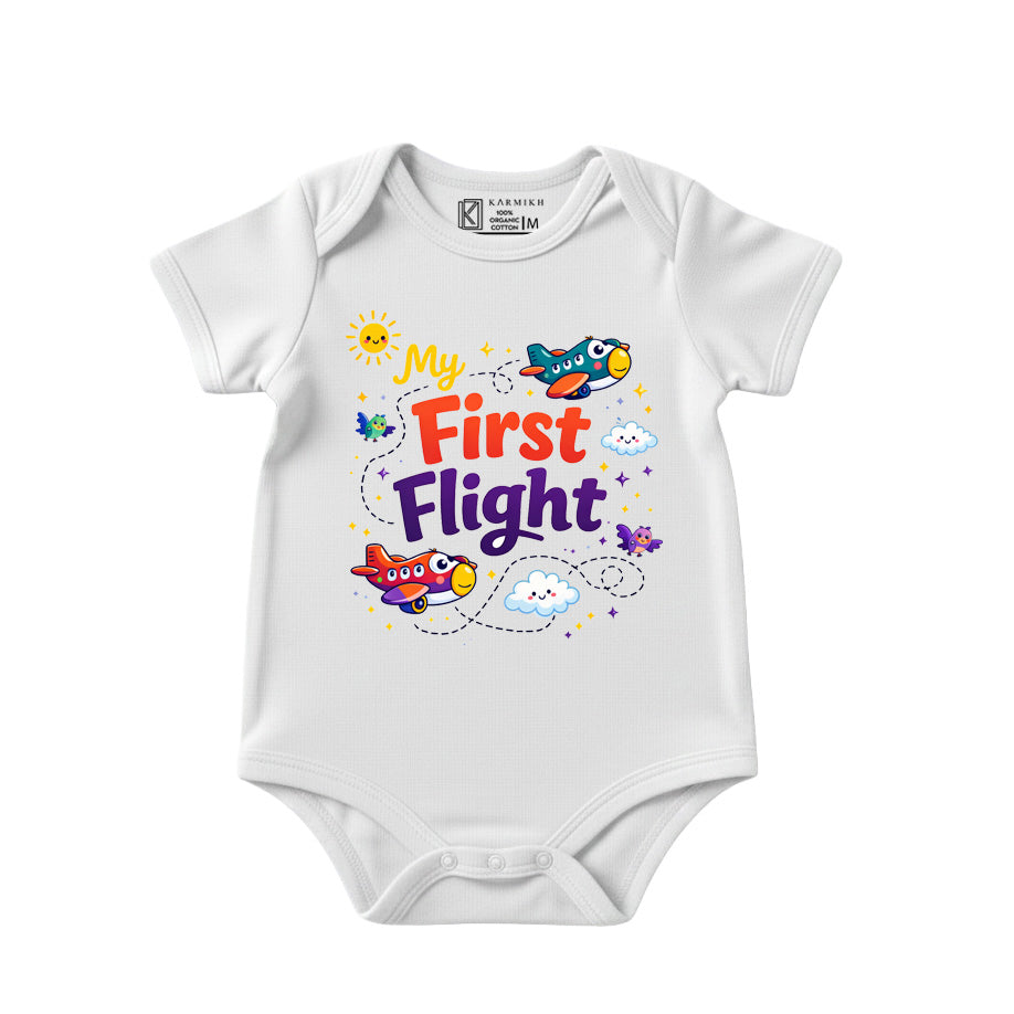 Karmikh My First Flight Baby Bodysuit | Cute Airplane Print Short Sleeve Cotton Onesie for Newborn Boys & Girls | Travel-Themed Baby Outfit | Sizes 0–3M to 9–12M