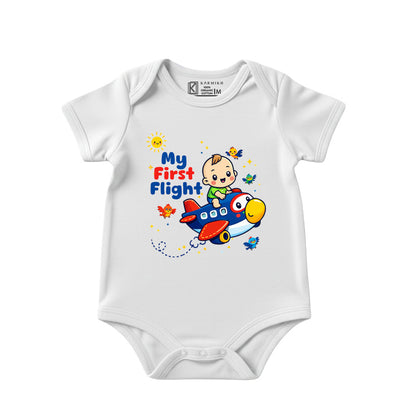 Karmikh My First Flight Baby Bodysuit | Cute Airplane Print Short Sleeve Cotton Onesie for Newborn Boys & Girls | Travel-Themed Baby Clothing | Sizes 0–3M to 9–12M