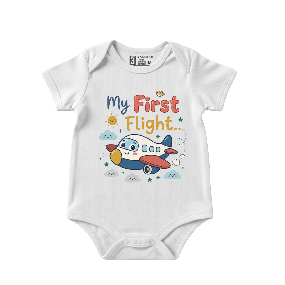 Karmikh My First Flight Baby Bodysuit | Airplane Print Short Sleeve Cotton Onesie for Newborn Boys & Girls | Cute Travel-Themed Baby Outfit | Sizes 0–3M to 9–12M