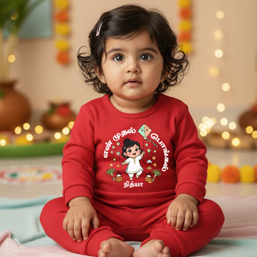 Personalized baby romper for first Pongal made with soft cotton first pongal