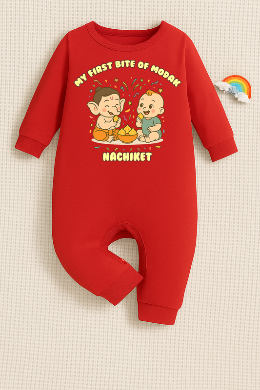 My First Bite Of Modak with customised name_ Full Red Romper