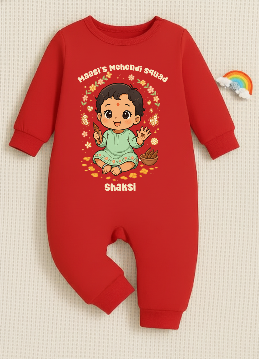 Maasi's Mehendi Squad With Customized Baby Name  _ Red Full Romper
