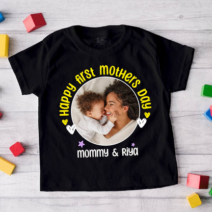 Happy First Mothers Day with baby name _ black t-shirt