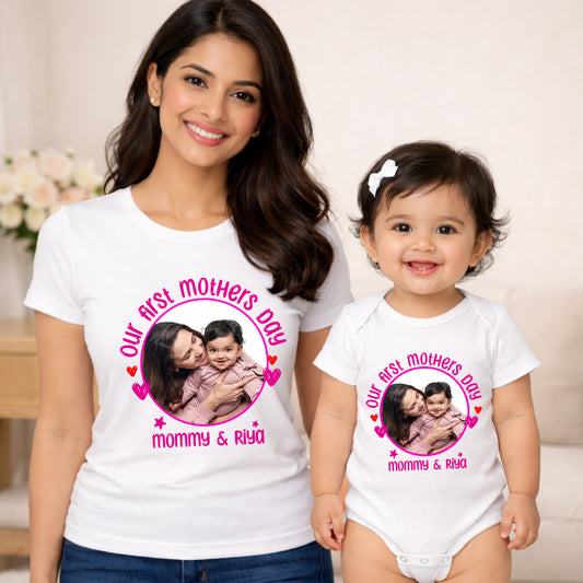 First Mother's Day With Customized Baby Name Along With The Customized Image White T-shirt