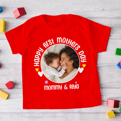 Happy First Mothers Day with baby name _ red t-shirt