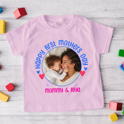 Happy First Mothers Day with baby name _pink t-shirt