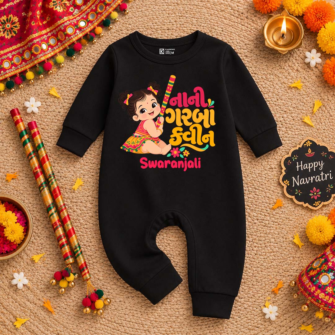 Little Garba Queen Personalized Baby Romper – Black Full Romper | Navratri Collection