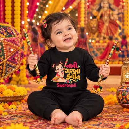 Little Garba Queen Personalized Baby Romper – Black Full Romper | Navratri Collection