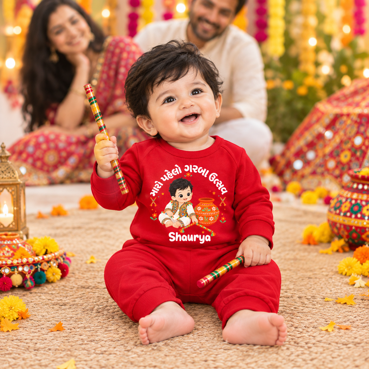 Personalized Baby’s First Garba Red Romper – Custom Gujarati Navratri Outfit