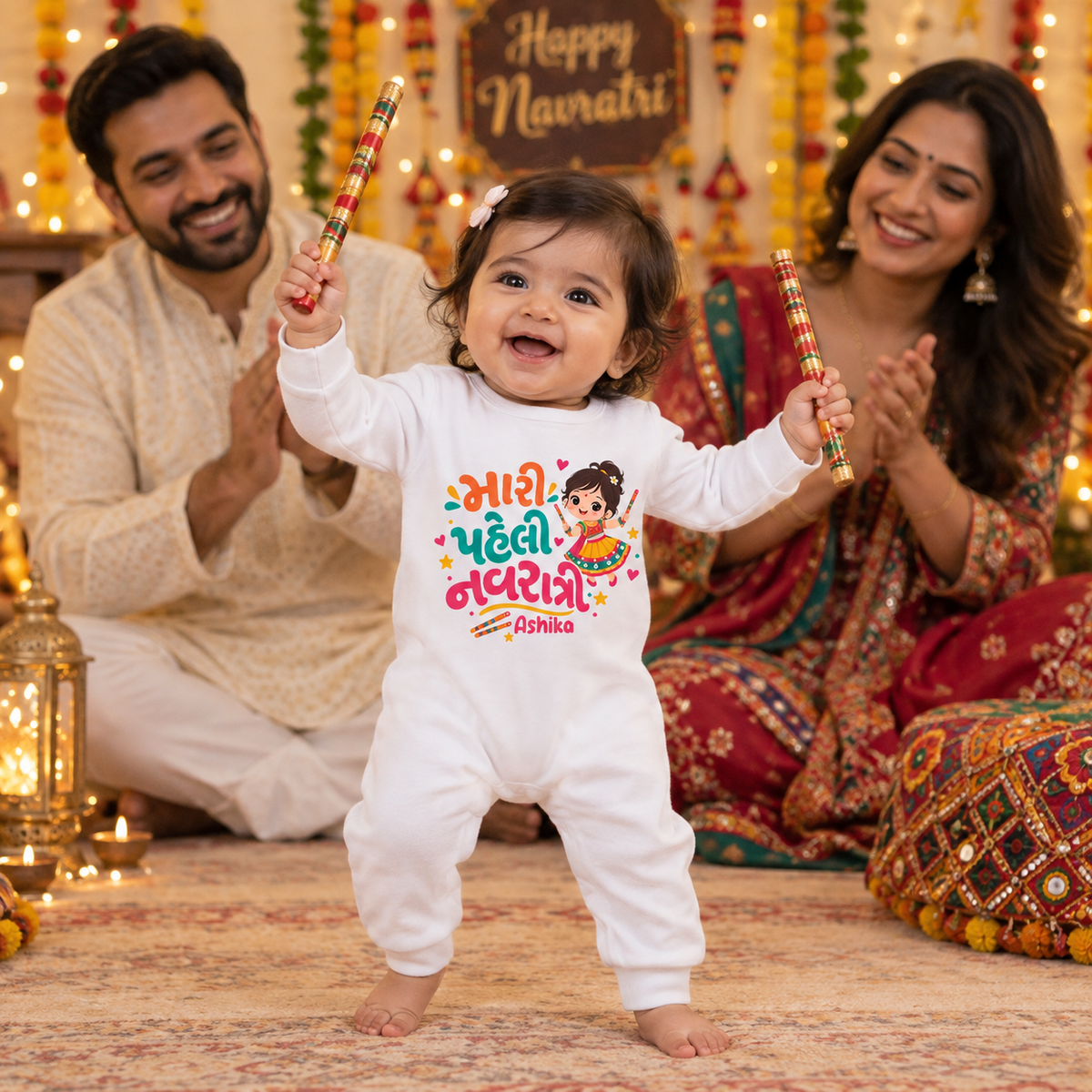 Meri Pehli Navratri Baby Romper – White Full Romper | Navratri Collection