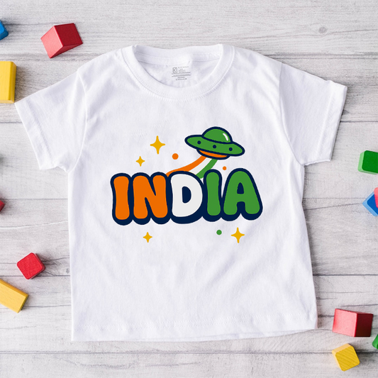Independance Day INDIA Satellite Design  with customised name in Back _White Tee