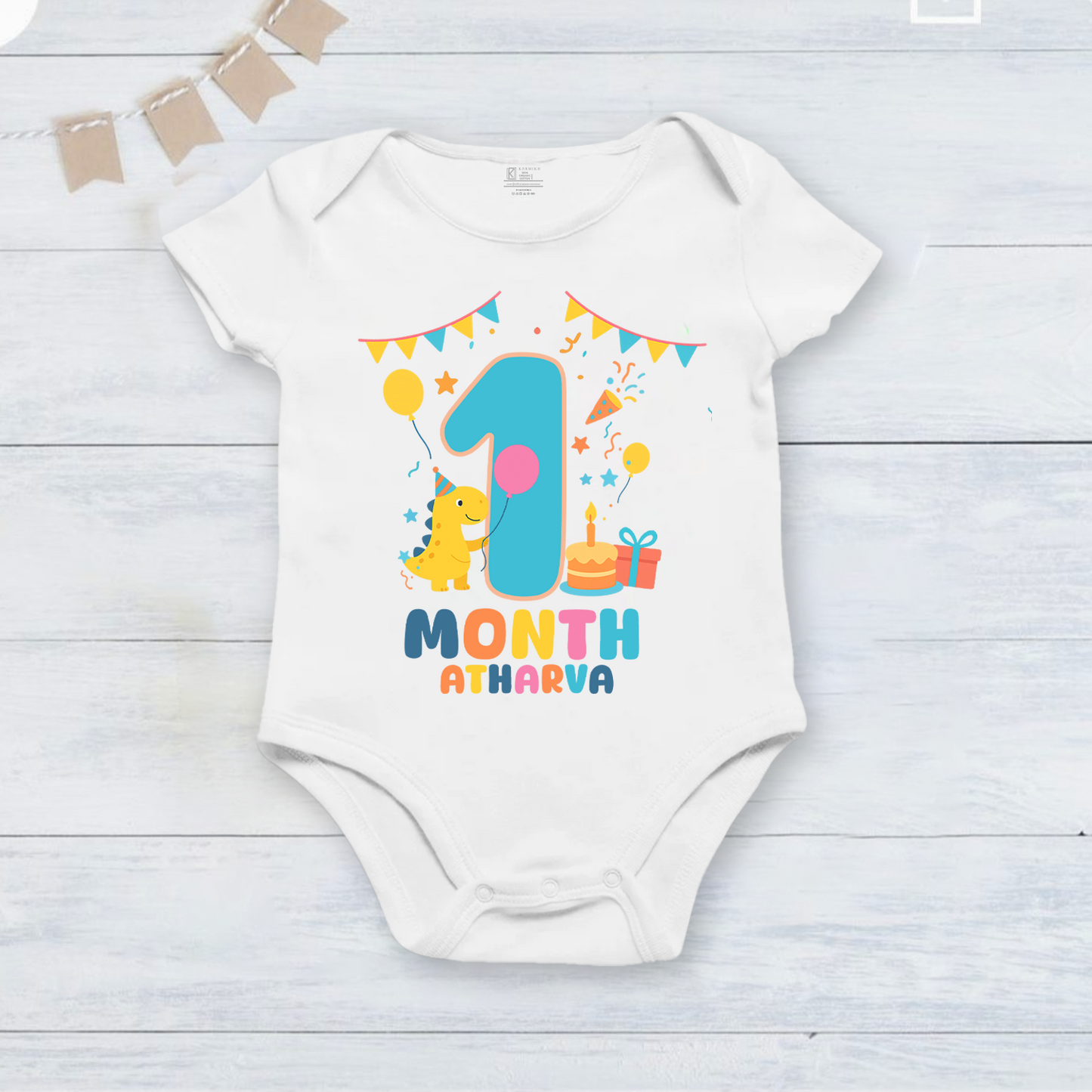 Infant monthly birthday Dinosaur 12 Months of Love_ Customized name White Onesie