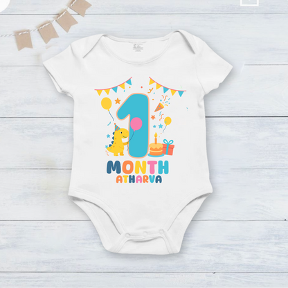 Infant monthly birthday Dinosaur 12 Months of Love_ Customized name White Onesie