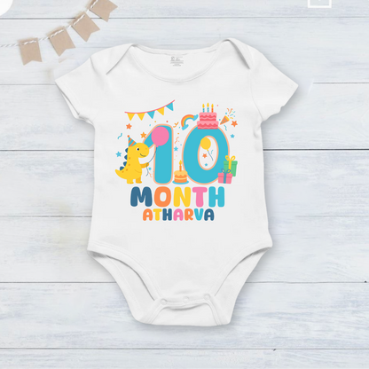 Infant monthly birthday Dinosaur 12 Months of Love_ Customized name White Onesie