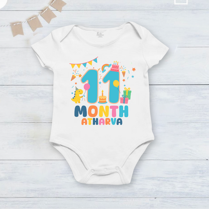 Infant monthly birthday Dinosaur 12 Months of Love_ Customized name White Onesie
