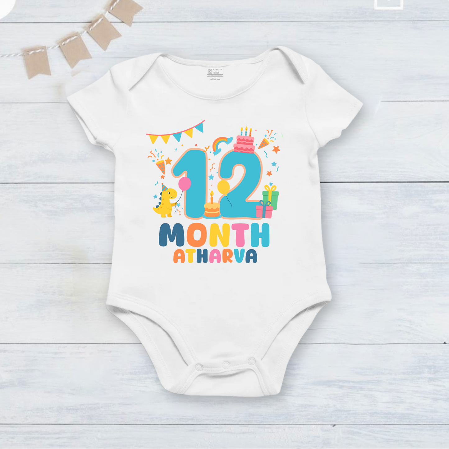 Infant monthly birthday Dinosaur 12 Months of Love_ Customized name White Onesie