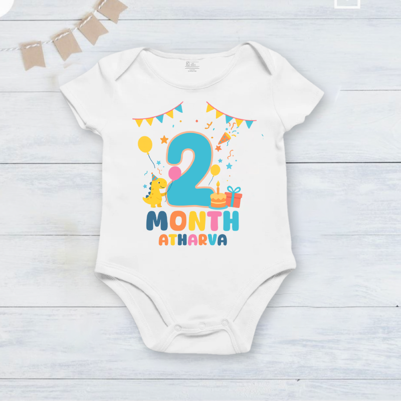 Infant monthly birthday Dinosaur 12 Months of Love_ Customized name White Onesie