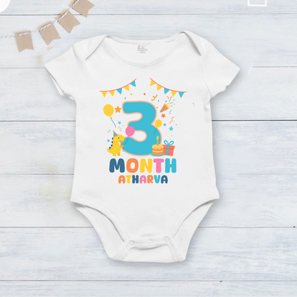 Infant monthly birthday Dinosaur 12 Months of Love_ Customized name White Onesie