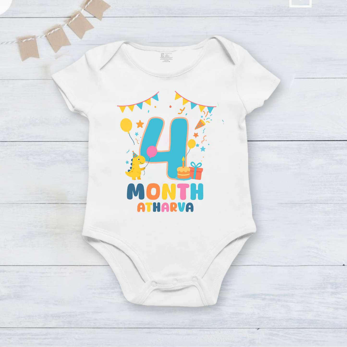 Infant monthly birthday Dinosaur 12 Months of Love_ Customized name White Onesie
