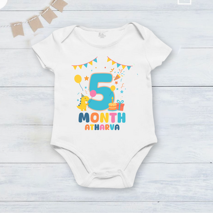 Infant monthly birthday Dinosaur 12 Months of Love_ Customized name White Onesie