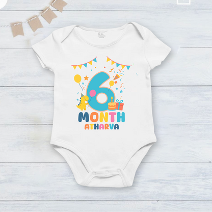 Infant monthly birthday Dinosaur 12 Months of Love_ Customized name White Onesie