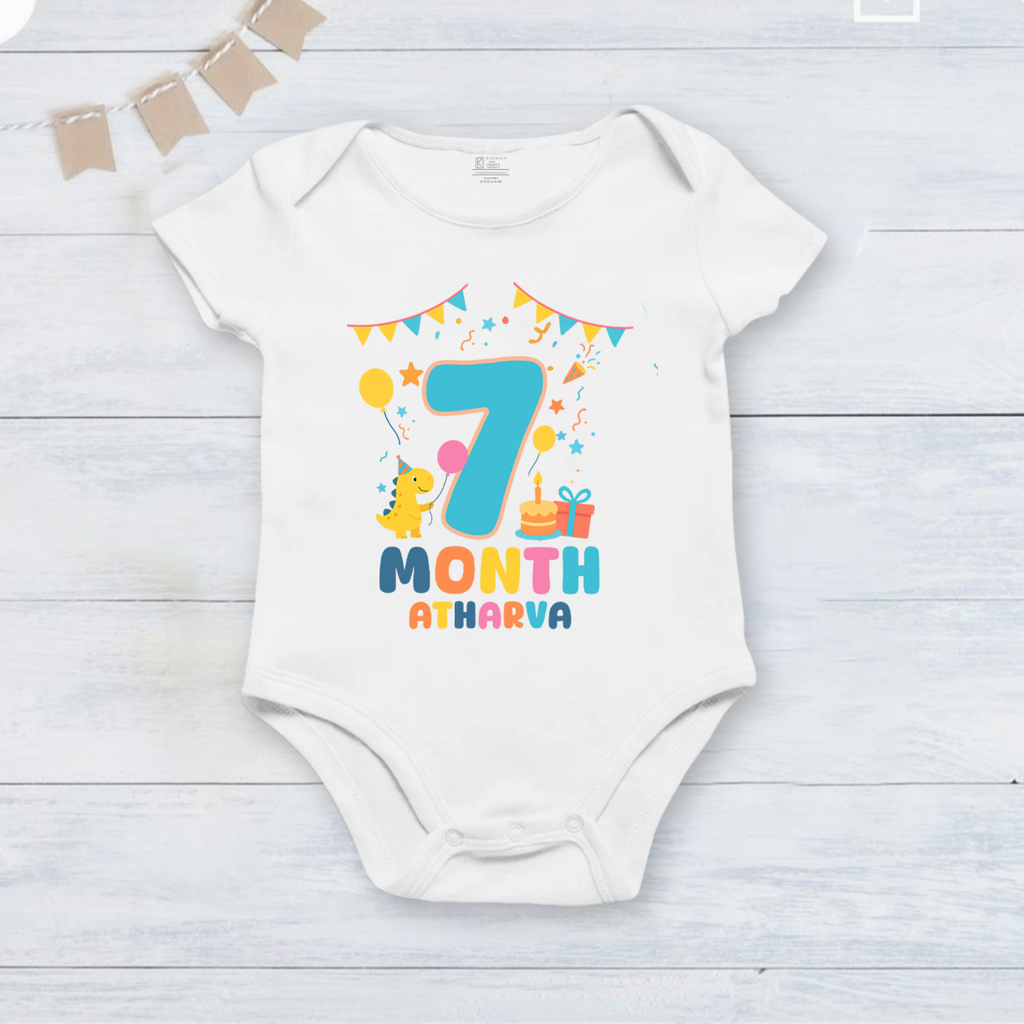 Infant monthly birthday Dinosaur 12 Months of Love_ Customized name White Onesie