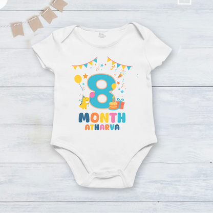 Infant monthly birthday Dinosaur 12 Months of Love_ Customized name White Onesie