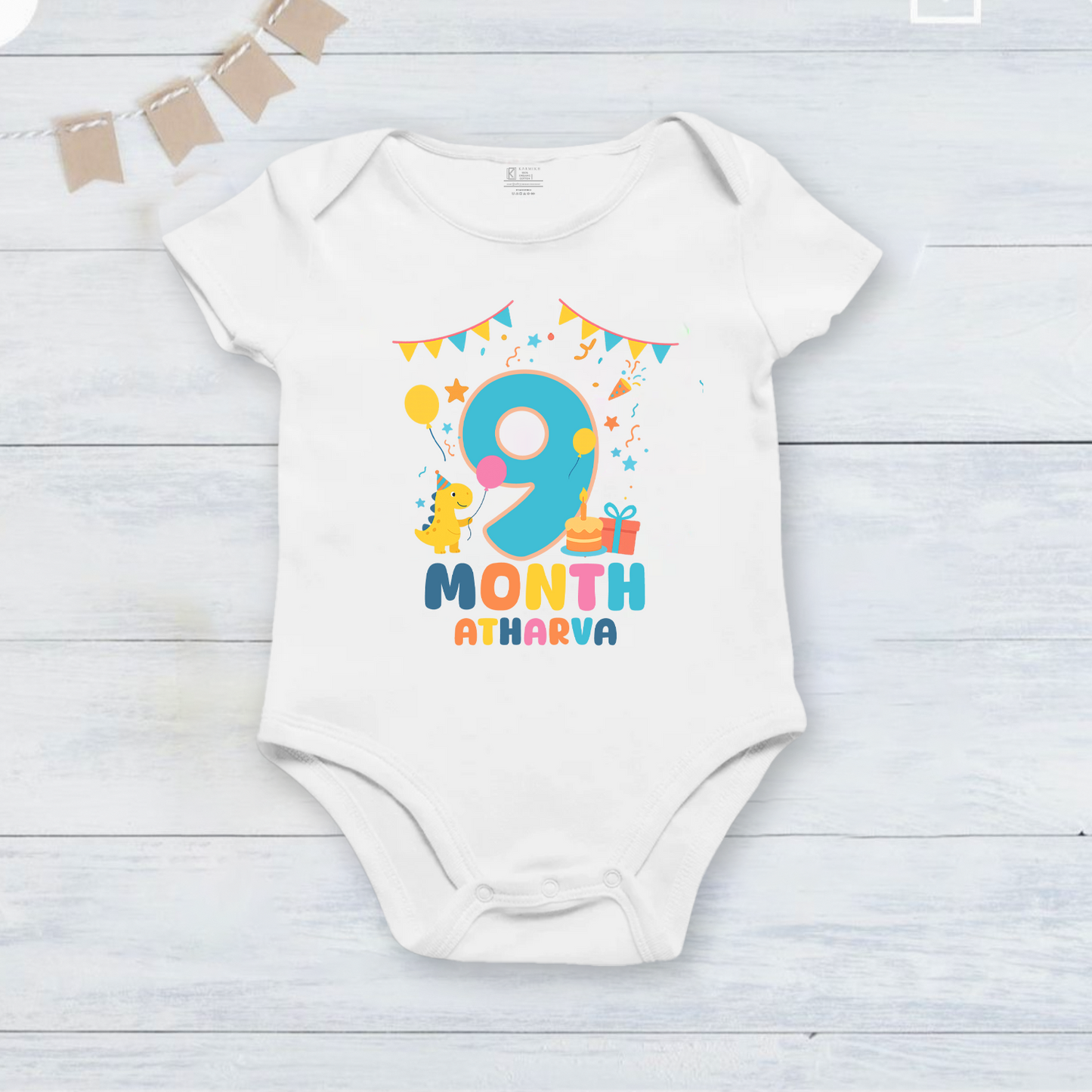 Infant monthly birthday Dinosaur 12 Months of Love_ Customized name White Onesie