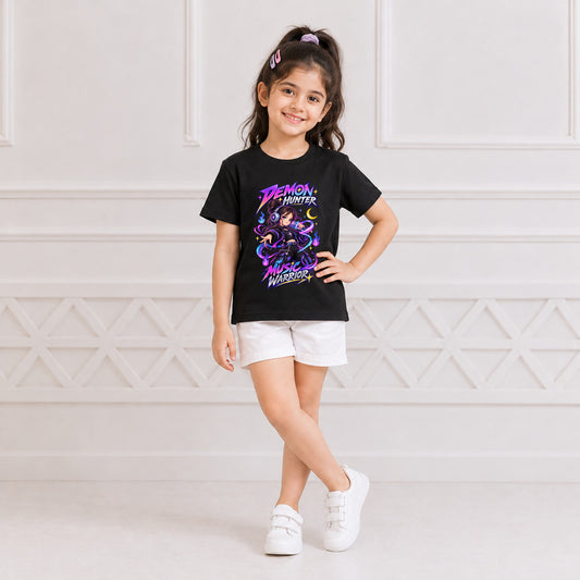 Demon Hunter Inspired Printed Kid's Black  T-Shirt