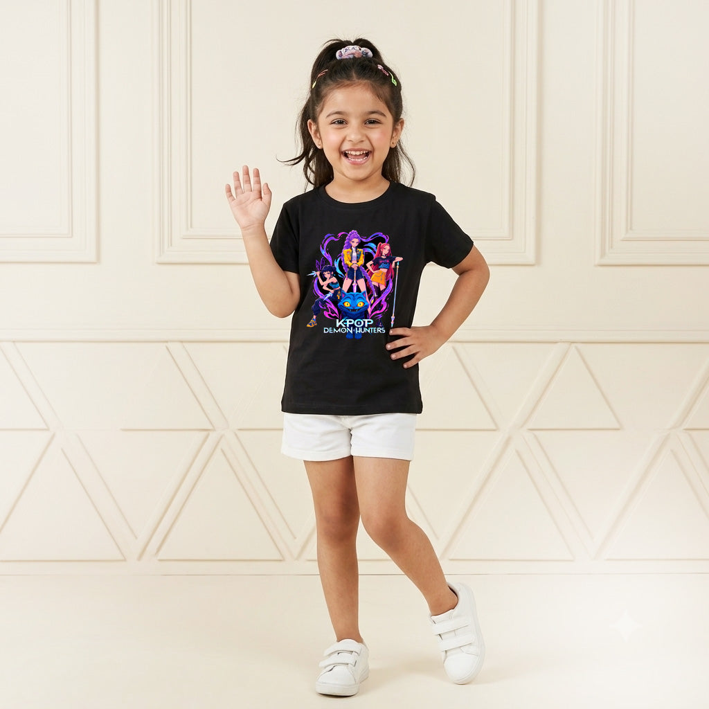 kpop Demon Hunters Inspired Printed Kid's Black T-Shirt