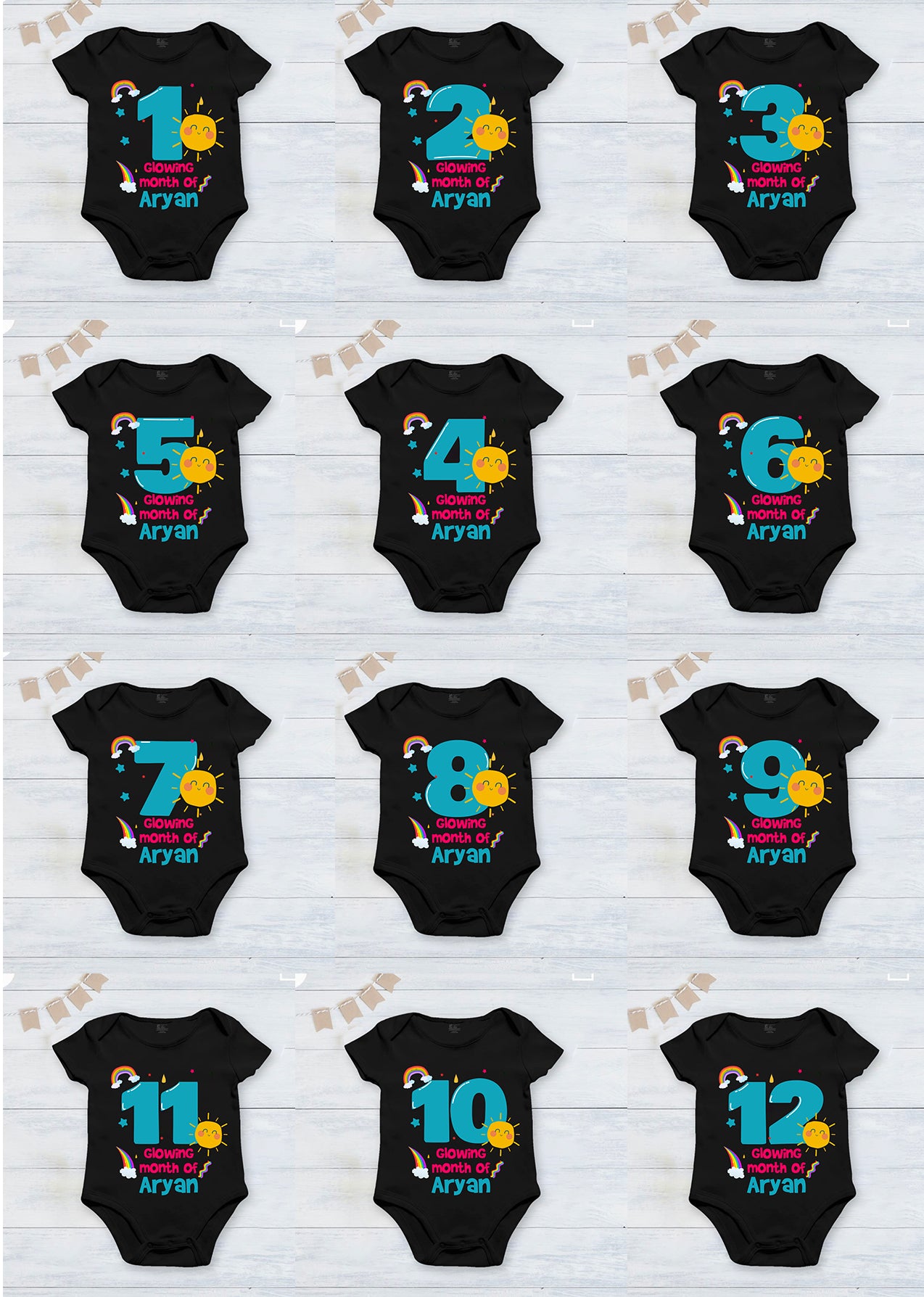 Infant monthly birthday with customized Baby Boy name 12 Months of Love and Happiness Black onesies