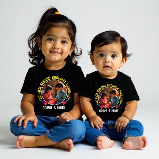 Combo pack of Our First Raksha Bandhan with Customised name and picture_ Black Tees