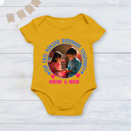 Our First Raksha Bandhan together!! Yellow customised romper with photo and name