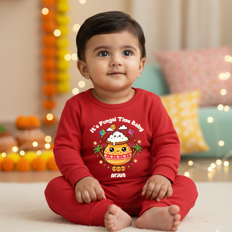It's Pongal Time Baby With Customized Baby Name  _  Red Full Romper