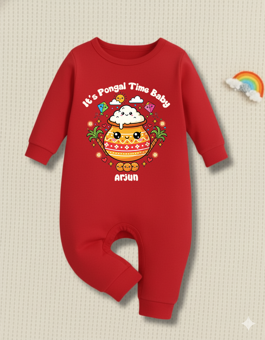 It's Pongal Time Baby With Customized Baby Name  _  Red Full Romper