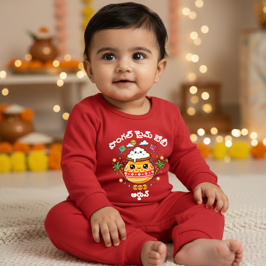 Pongal Time Baby With Customized Baby Girl Name In Telugu   _  Red Full Romper