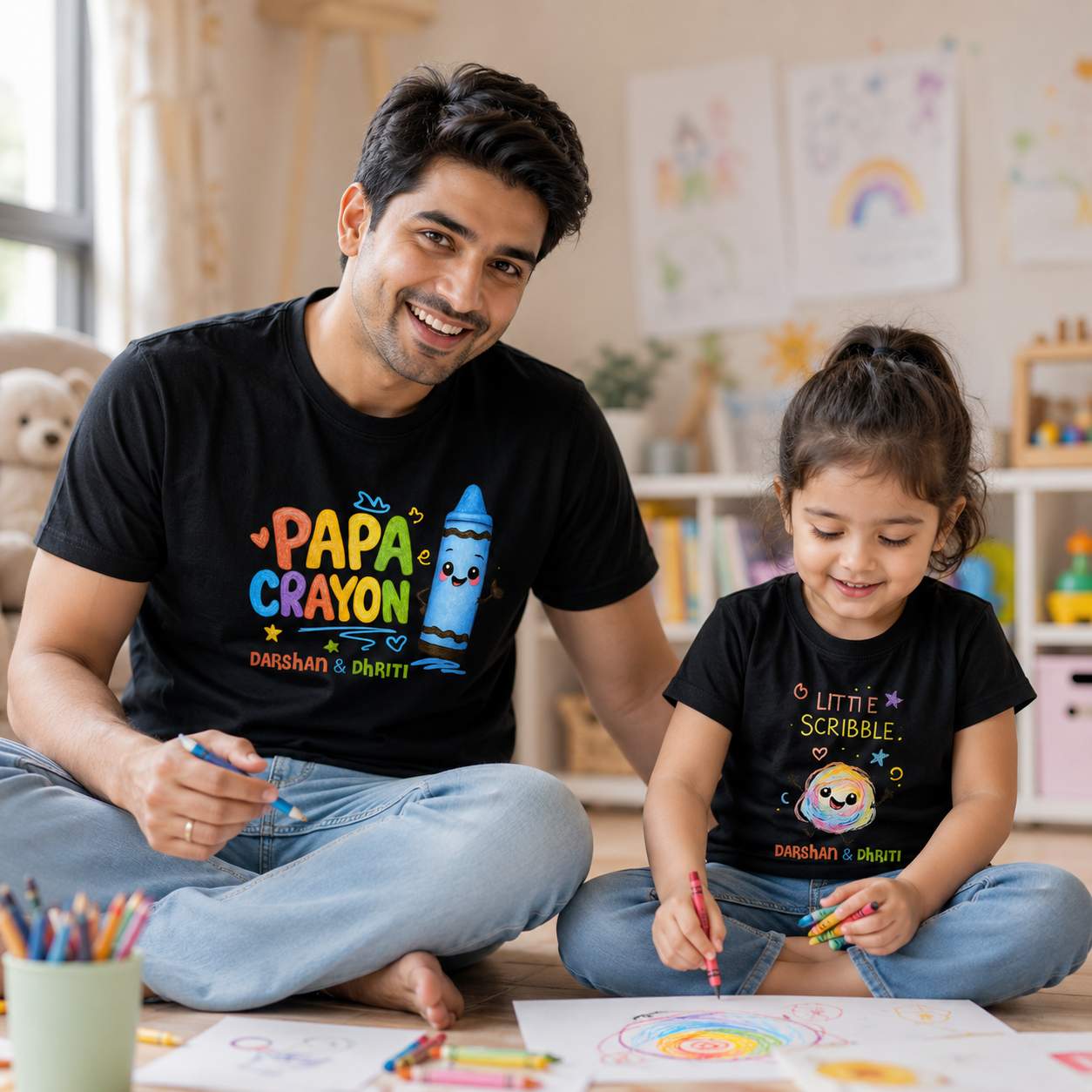 New Born & Baby Clothing | Papa Crayon & Little Scribble Together Father & Daughter Twinning Black Sets | Soft T-shirt