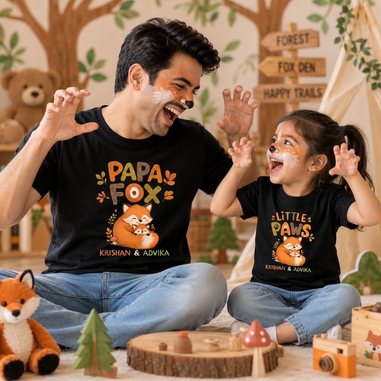 New Born & Baby Clothing | Papa Fox & Baby Fox Together Father & Daughter Twinning Black Sets | Soft T-shirt