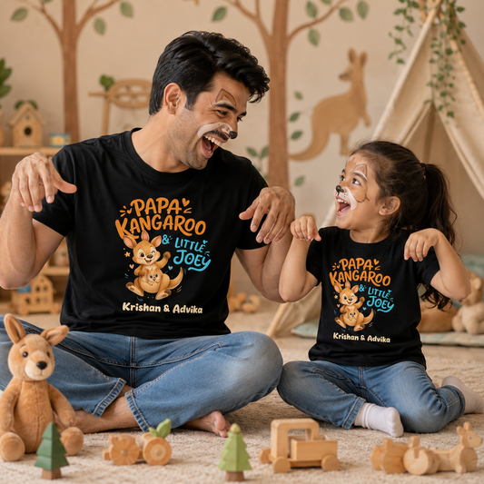 New Born & Baby Clothing | Papa Kangaroo & Baby Kangaroo Together Father & Daughter Twinning Black Sets | Soft T-shirt