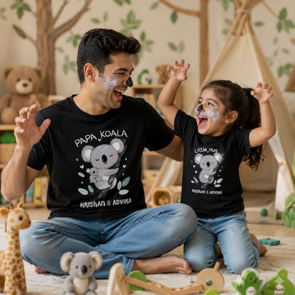 New Born & Baby Clothing | Papa Koala & Baby Koala Together Father & Daughter Twinning Black Sets | Soft T-shirt