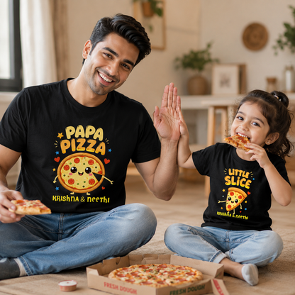 New Born & Baby Clothing | Papa Pizza & His Little Slice Together Father & Daughter Twinning Black Sets | Soft T-shirt