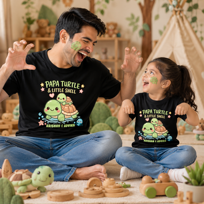 New Born & Baby Clothing | Papa Turtle & Baby Turtle Together Father & Daughter Twinning Black Sets | Soft T-shirt