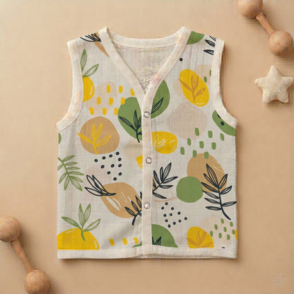 New Born & Baby Clothing | Sleeveless Muslin Baby Dress (0-3 Months) Potatoes & Lime Cute Print | Soft Cotton