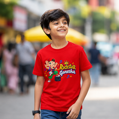 Rock Start Ganesha Kids T-Shirt | Ganpati Design Red T-Shirt